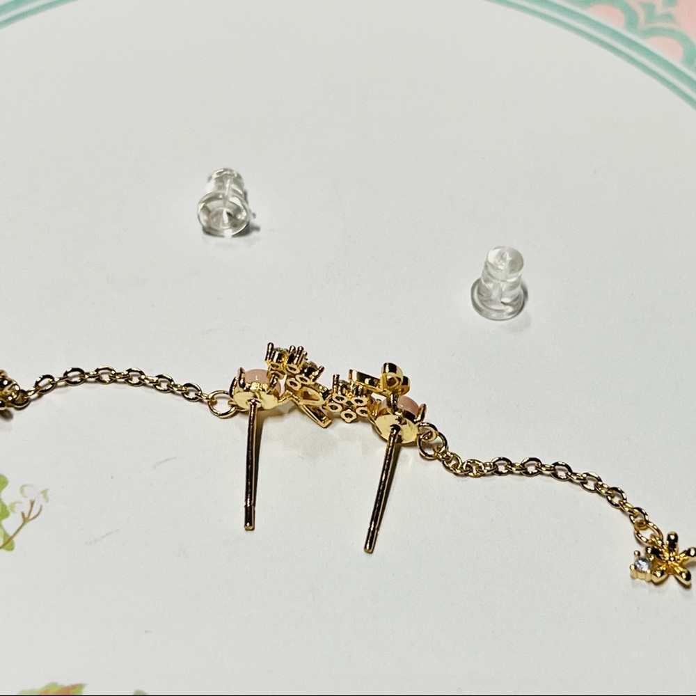 Pink Crystal Ball Floral Garden Butterfly Gold Pierced Drop Chain Earrings 2pc - Picture 6 of 10